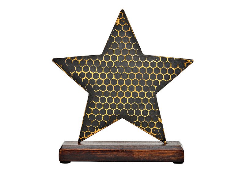 Stand star on mango wood base of metal black (W/H/D) 20x22x5cm