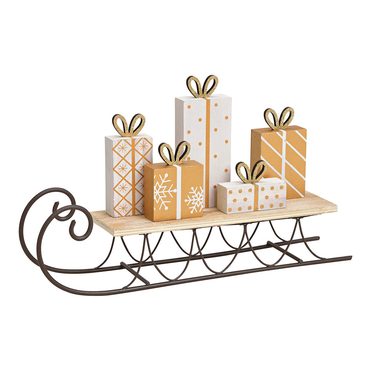 Schlitten mit Geschenkpäckchen aus Holz/Metall Gold (B/H/T) 31x17x6cm Schlitten mit Geschenkpäckchen aus Holz/Metall Gold (B/H/T) 31x17x6cm