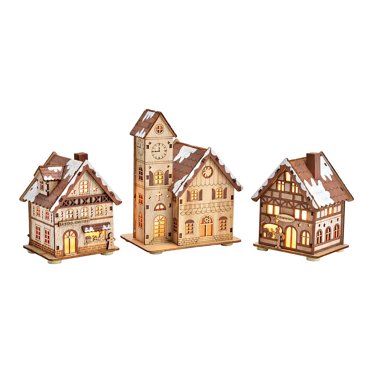 Haus mit LED aus Holz Natur 3-fach, (B/H/T) 9x12x8cm 12x16x9cm