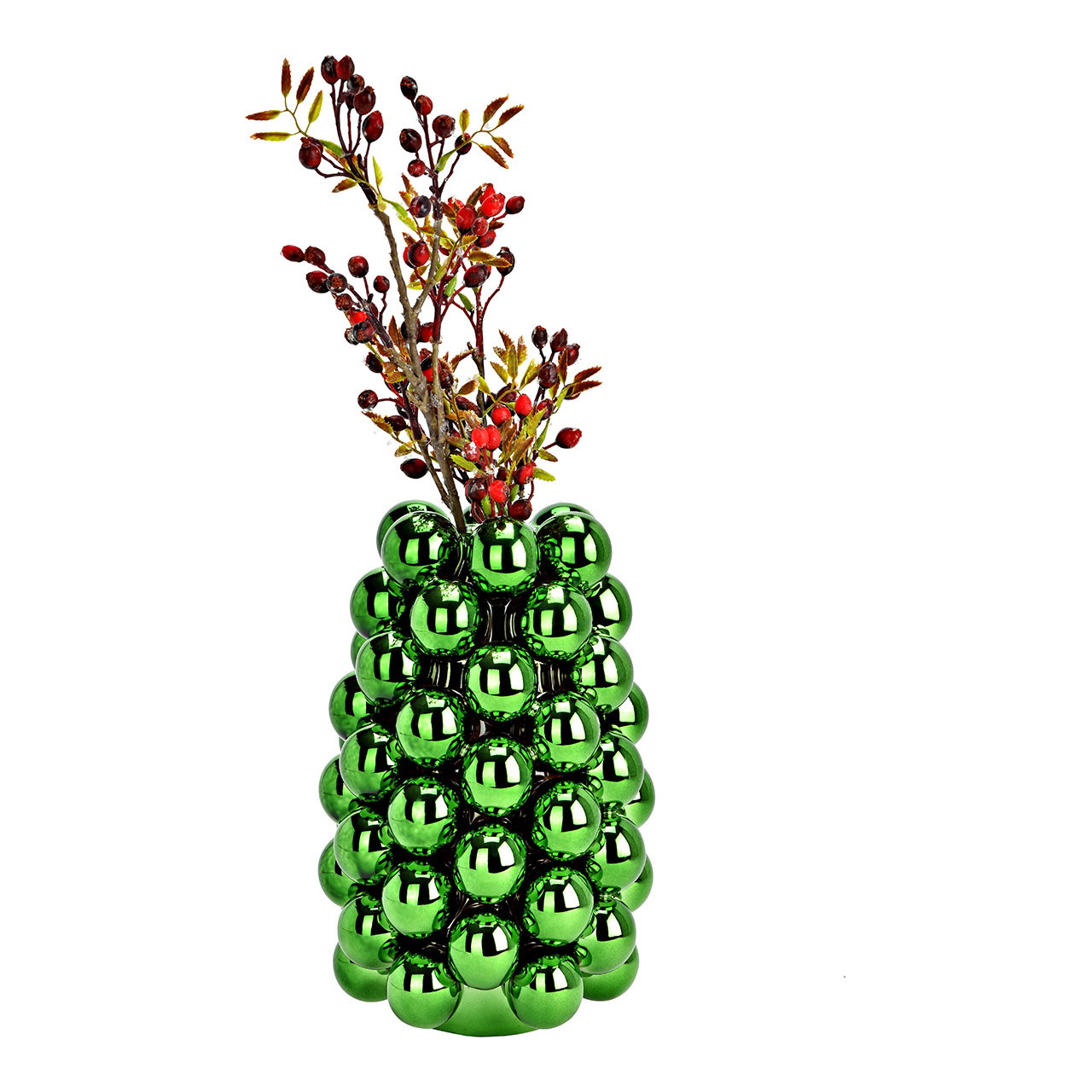 deko-objekt, kugelvasen, grüne kugeln, zweig mit beeren, weihnachtsdeko