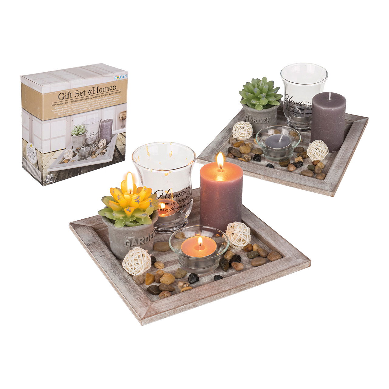 Windlicht Set, Holz Teller, 20x20cm, 2er Glas Windlichter, 2xTeelichte, 2xKerzen, Dekosteine, Home