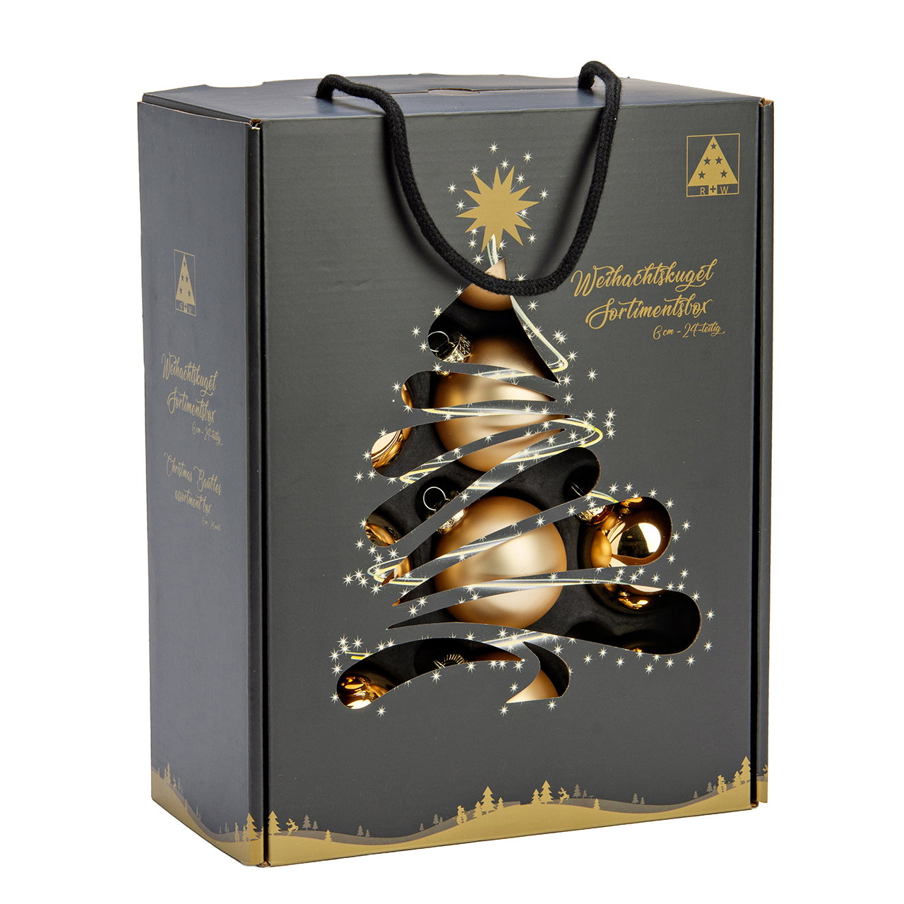 Weihnachtsbaum, Baumschmuck, Glasornamente, Gold, Geschenkverpackung