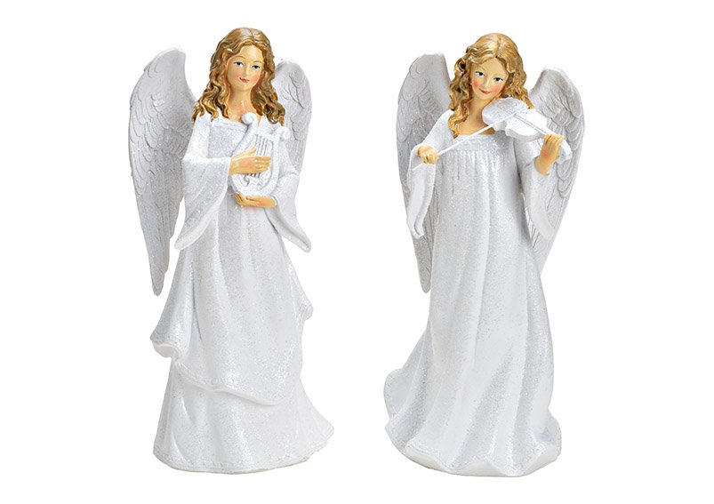 Angel with instrument made of poly White 2-fold, (W/H/D) 15x27x13cm 