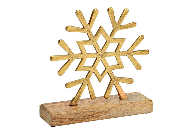 Présentoir flocon de neige sur socle en bois de manguier doré (L/H/P) 18x18x6cm