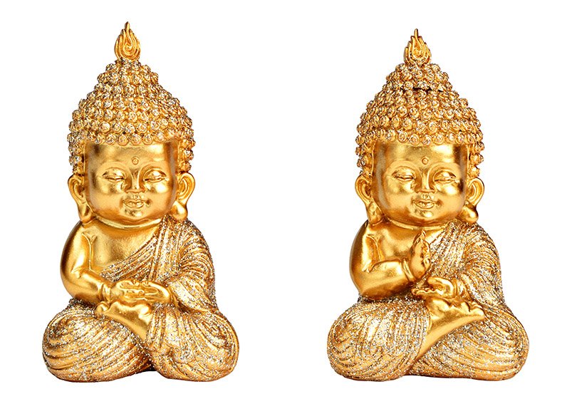Boeddha met glitter van poly goud 2-voudig, (B/H/D) 5x8x5cm
