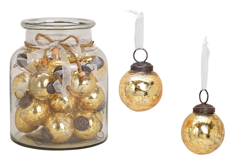 Hanger ball, glass, gold, 5x5x5cm, 24 pcs in glass jar, size 16x26x16cm