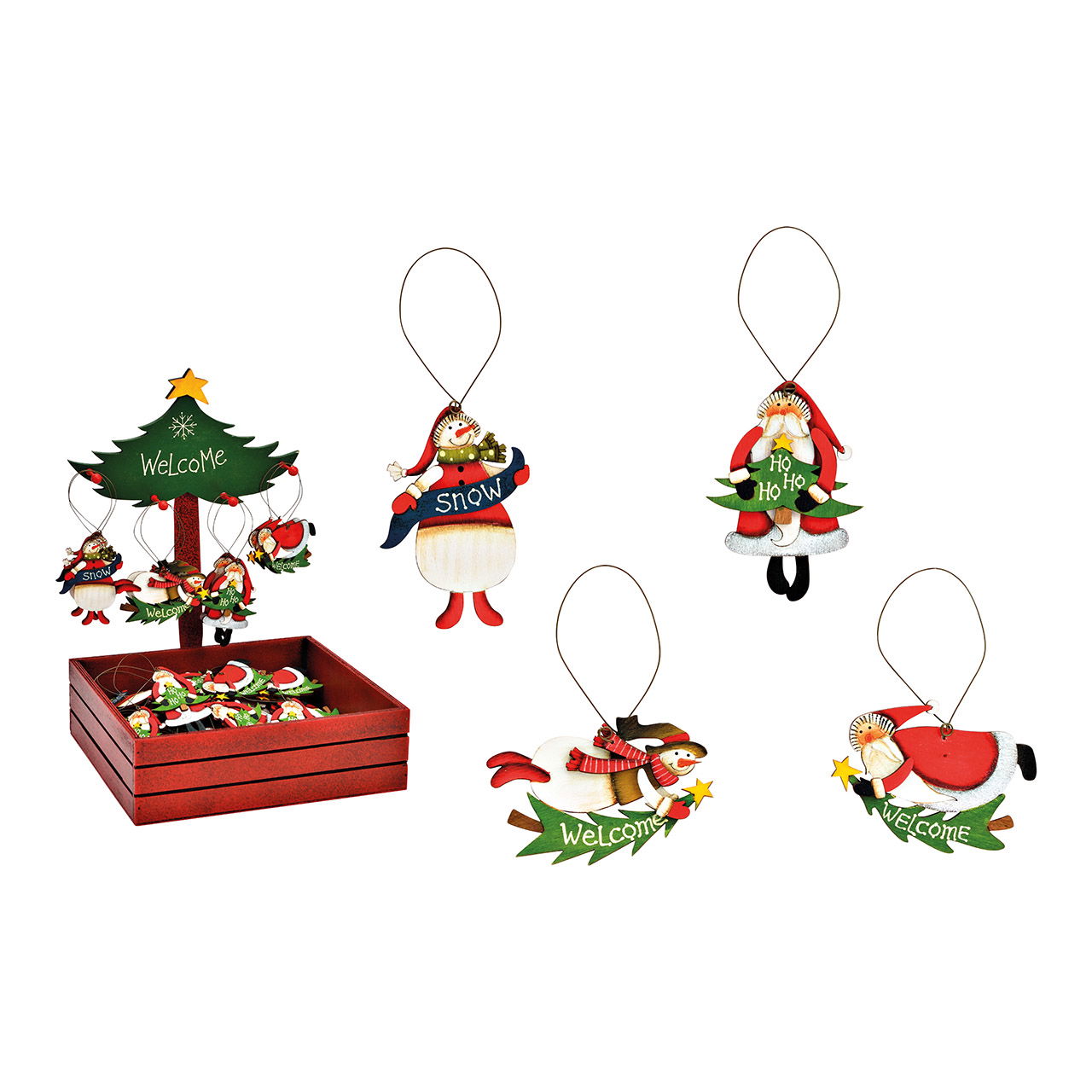 Kersthanger kerstman/snowman op houten boomstandaard, 4-voudig, rood/groen (B/H/D) 6x8x0.5cm/25x36x24cm