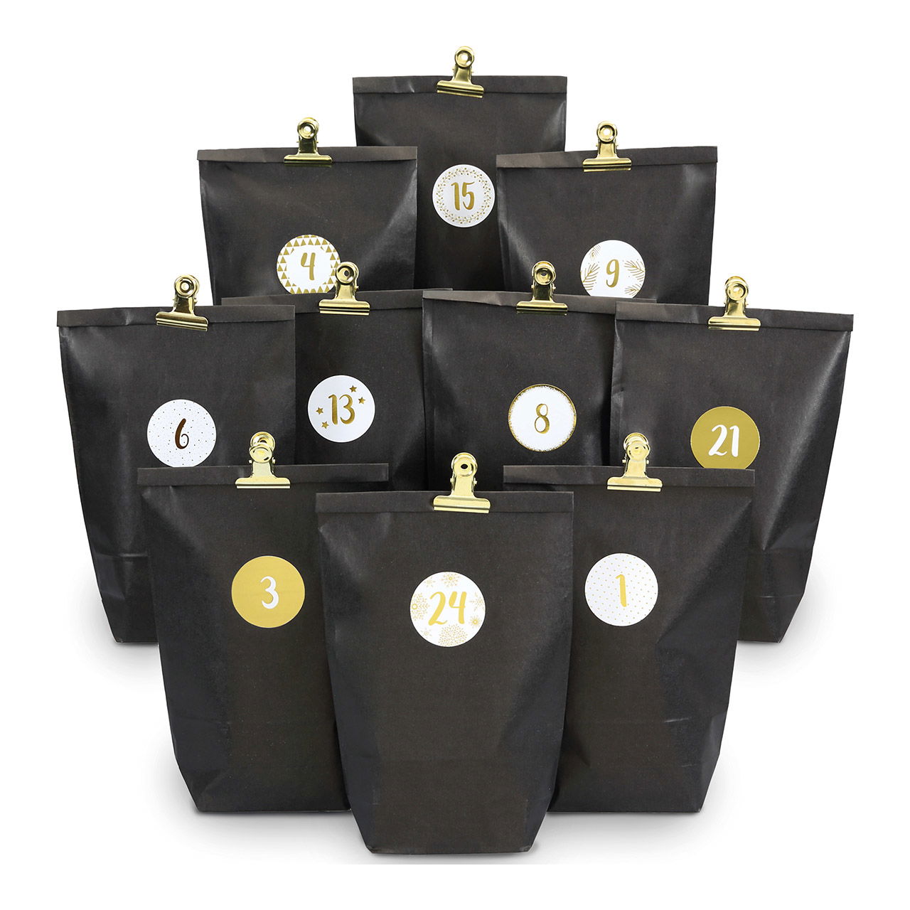 Adventskalender van inpakpapier, 24 zakjes met gouden clips, zwart, 72 stuks (B/H/D) 24x21x2cm Adventskalender van inpakpapier, 24 zakjes met gouden clips, zwart, 72 stuks (B/H/D) 24x21x2cm