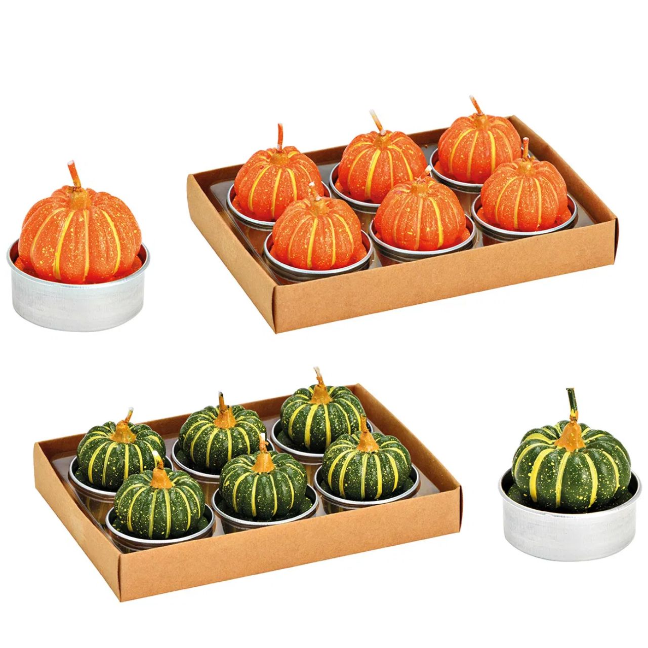 Set di 6 tealight in zucca, in cera arancione, verde a 2 pieghe, (L/H/D) 4x4x4cm Essen, Produzieren, Kürbis, Gemüse, Squash