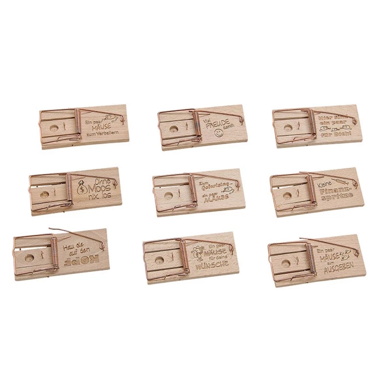 Présentoir en bois, cadeaux d'argent Pièges à souris 27 pièces sur présentoir en bois naturel 9 fois, (L/H/P) 5x10x2cm Holzschuh, Klebespiel, Mus-Accessoire, Holzstempel, Wunschzettel?, Kleines Holzwerkzeug
