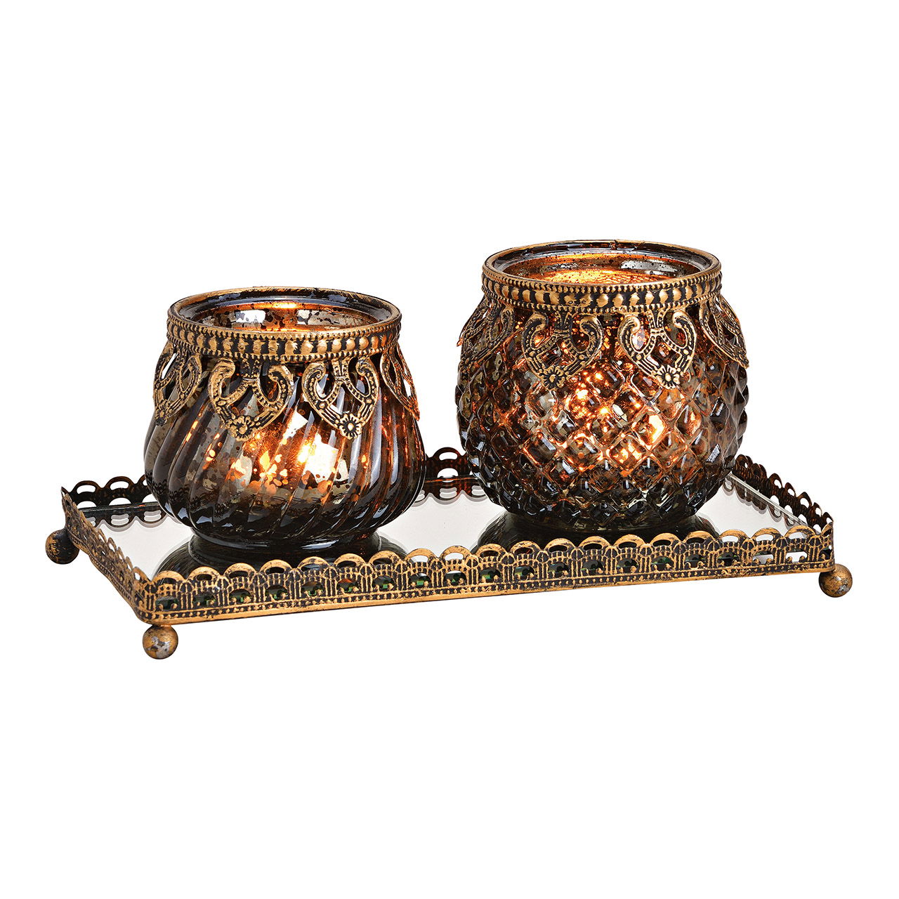 Set di lanterne su vassoio a specchio con bordo in metallo oro, nero Set di 3, (L/A/D) 20x9x10cm Set di lanterne su vassoio a specchio con bordo in metallo oro, nero Set di 3, (L/A/D) 20x9x10cm