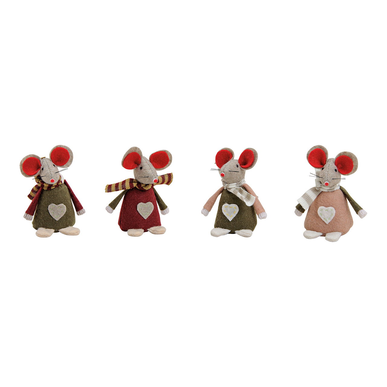 Wintermaus aus Filz/Textil , 4-fach sortiert (B/H/T) 6x10x5 cm Maus, Stofffigur, Herzapplikation, Kuscheltier, Schal