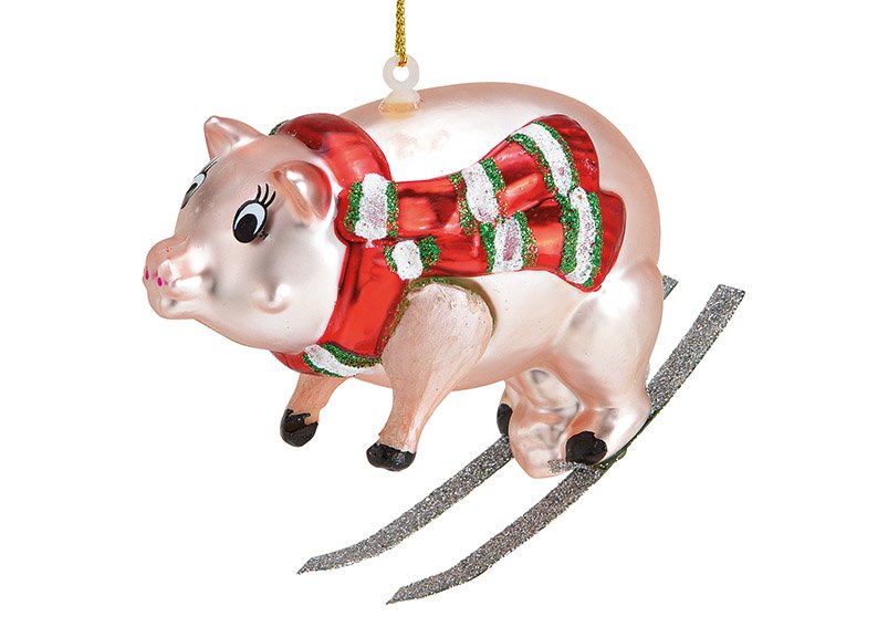 Weihnachtshänger Schwein auf Skier aus Glas Bunt (B/H/T) 8x8x5cm