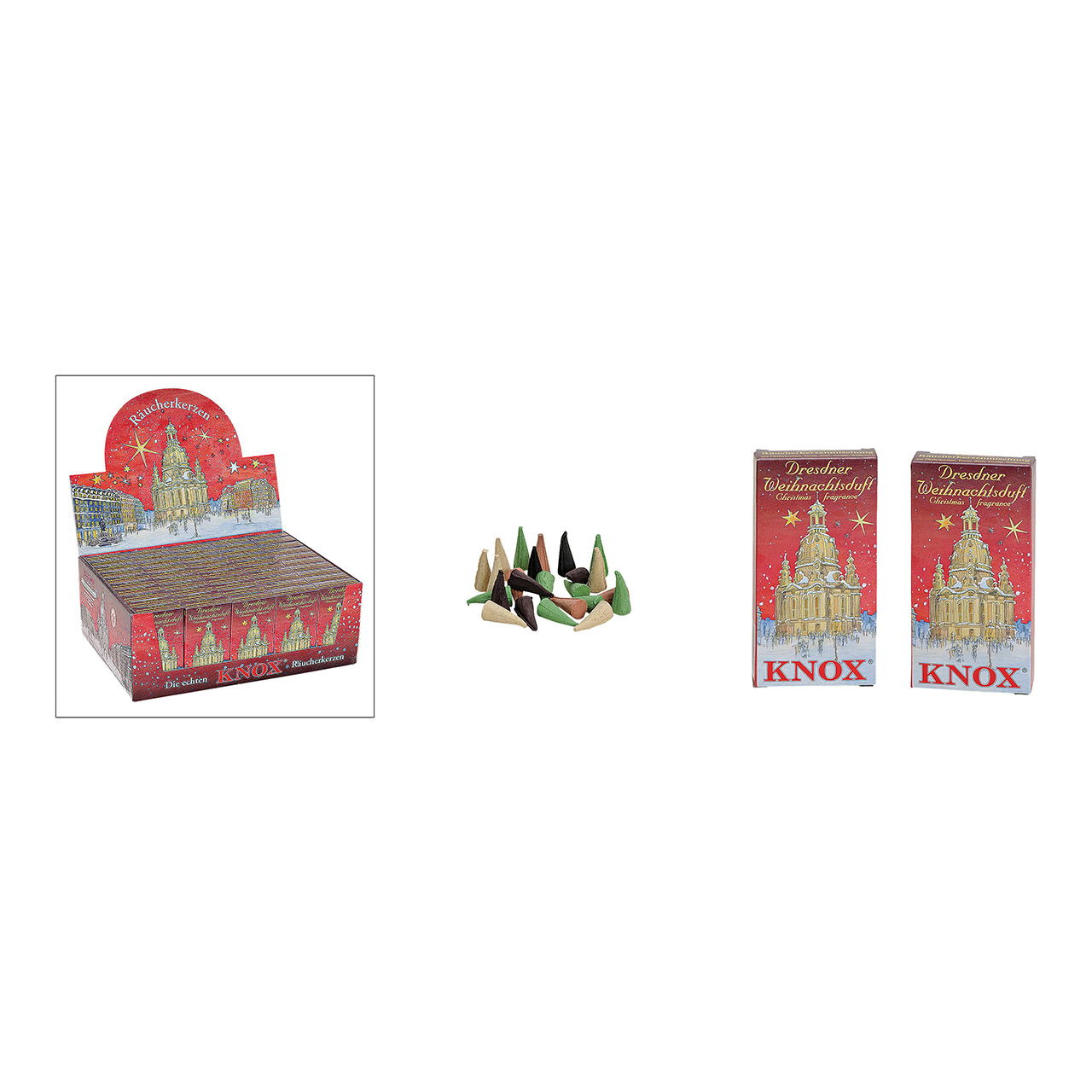 Knox incense cones 3cm, set of 24, in to one color box, dresdner christmas assortment, color box size, 6x13x2cm