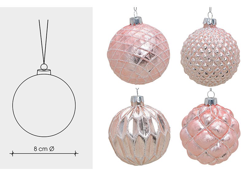 Weihnachtskugel Glitter aus Glas, 4-fach, Pink/Silber Ø8cm