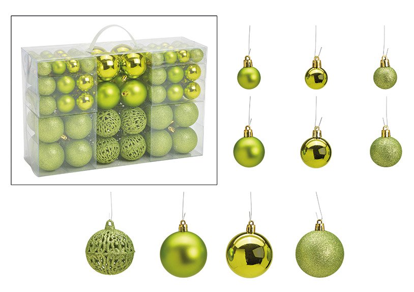 Juego de bolas de Navidad de plástico verde, juego de 100, (c/h/d) 35x23x12cm Ø3/4/6cm