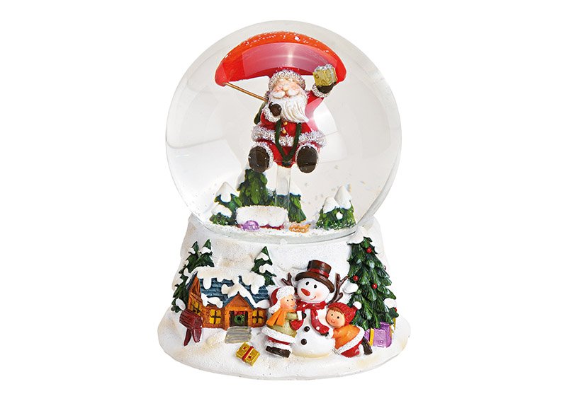 Music box/snowglobe santa with parachute poly colored, 10x14x11cm