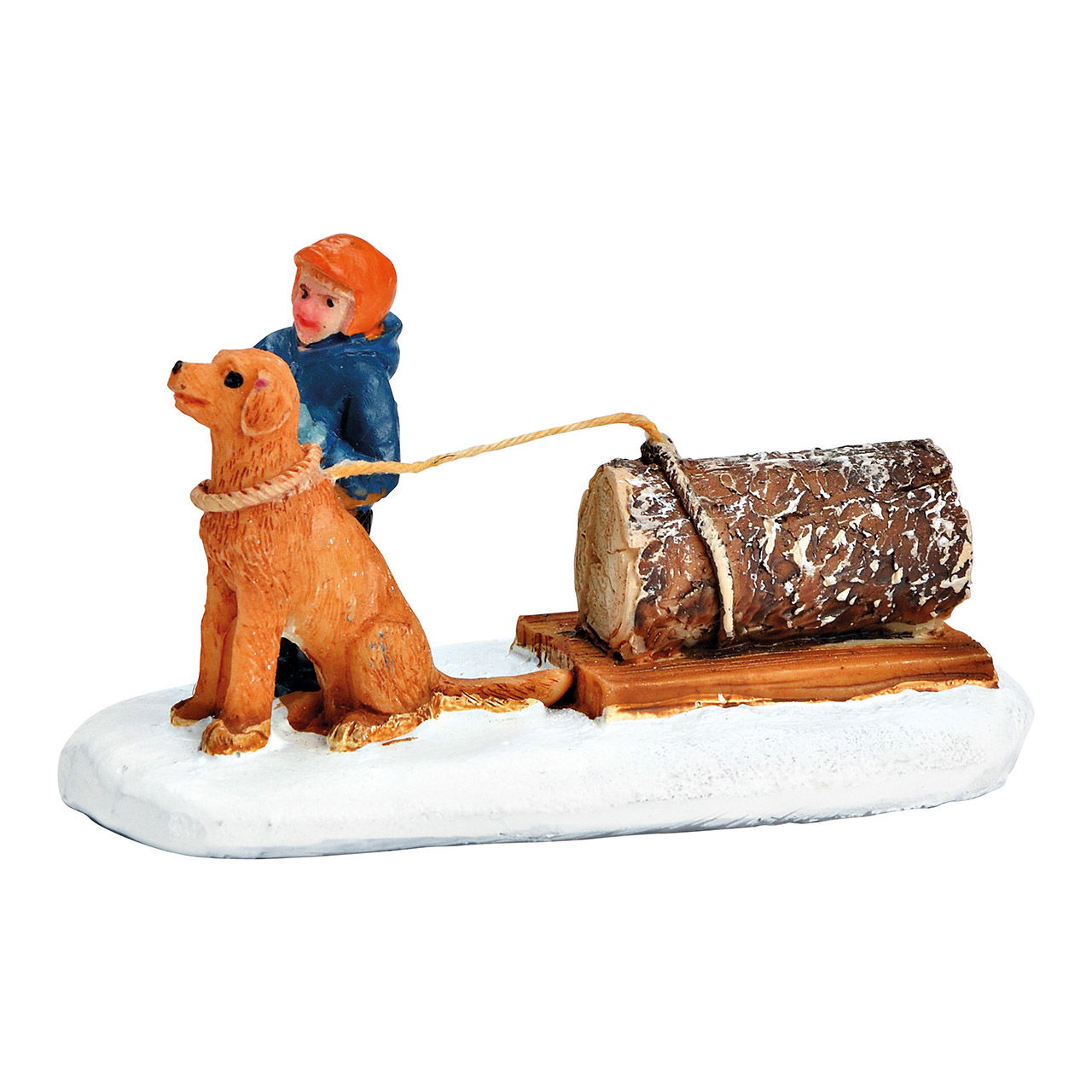 Miniatur Kind mit Baumstamm ziehenden Hund aus Poly bunt (B/H/T) 8x5x4cm