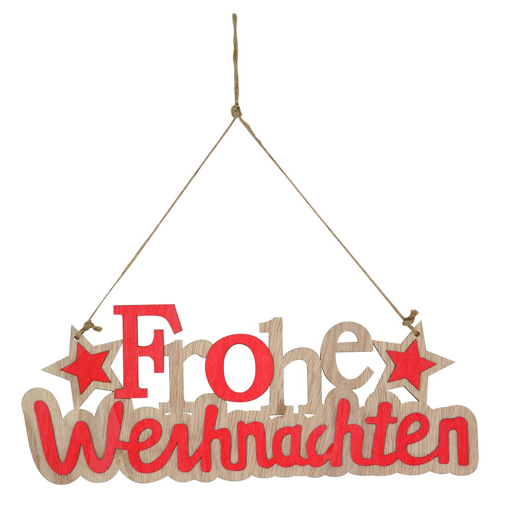 Schriftzug Frohe Weihnachten zum Hängen, Holz, 29.5x1x11.5cm, 1 Stck, natur-rot