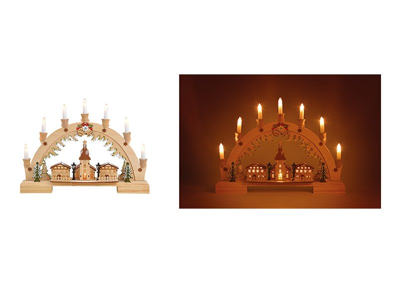 Candle arch village church, 7 led made of wood natural (w / h / d) 45x33x6cm