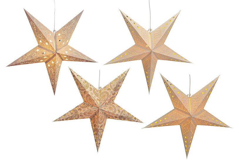 Estrella luminosa de papel en color crema con 5 puntas, 4 surtidas, 60 cm