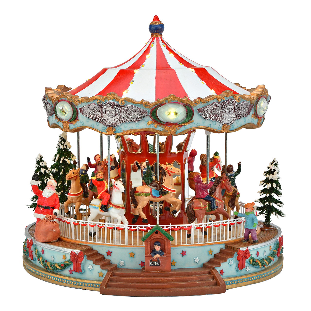 Weihnachtskarussell mit Pferden aus Poly Weihnachtskarussell, Spieluhr, Karussellpferde, Rot-weiß gestreift, Weihnachtsdekoration