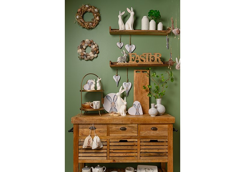 Espositore con scritte, Pasqua, decorazione coniglietto in metallo, in legno di mango naturale (L/H/D) 61x20x5cm