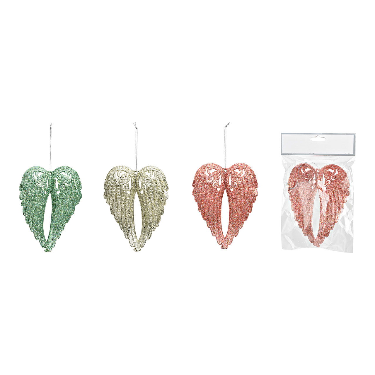 Suspension ailes d'ange avec paillettes en plastique champagne, vert, rose 3 fois, (L/H/P) 10x14x2cm