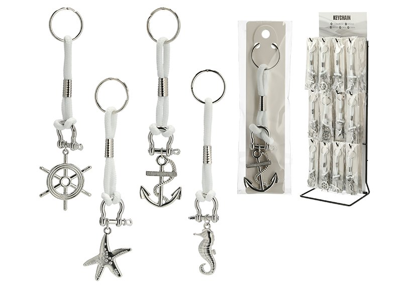 Sleutelhanger maritiem, anker, stuurwiel, zeester, zeepaardje van metaal zilver 4-voudig, 48 st. op metalen display