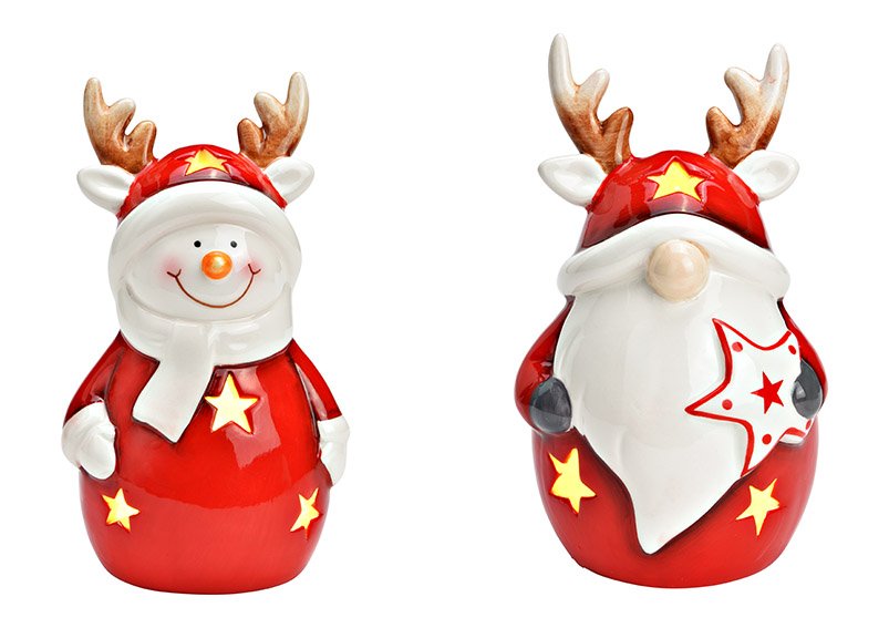 Babbo Natale segreto, pupazzo di neve con LED in ceramica rossa, bianca 2 pieghe, (L/H/D) 10x16x10cm