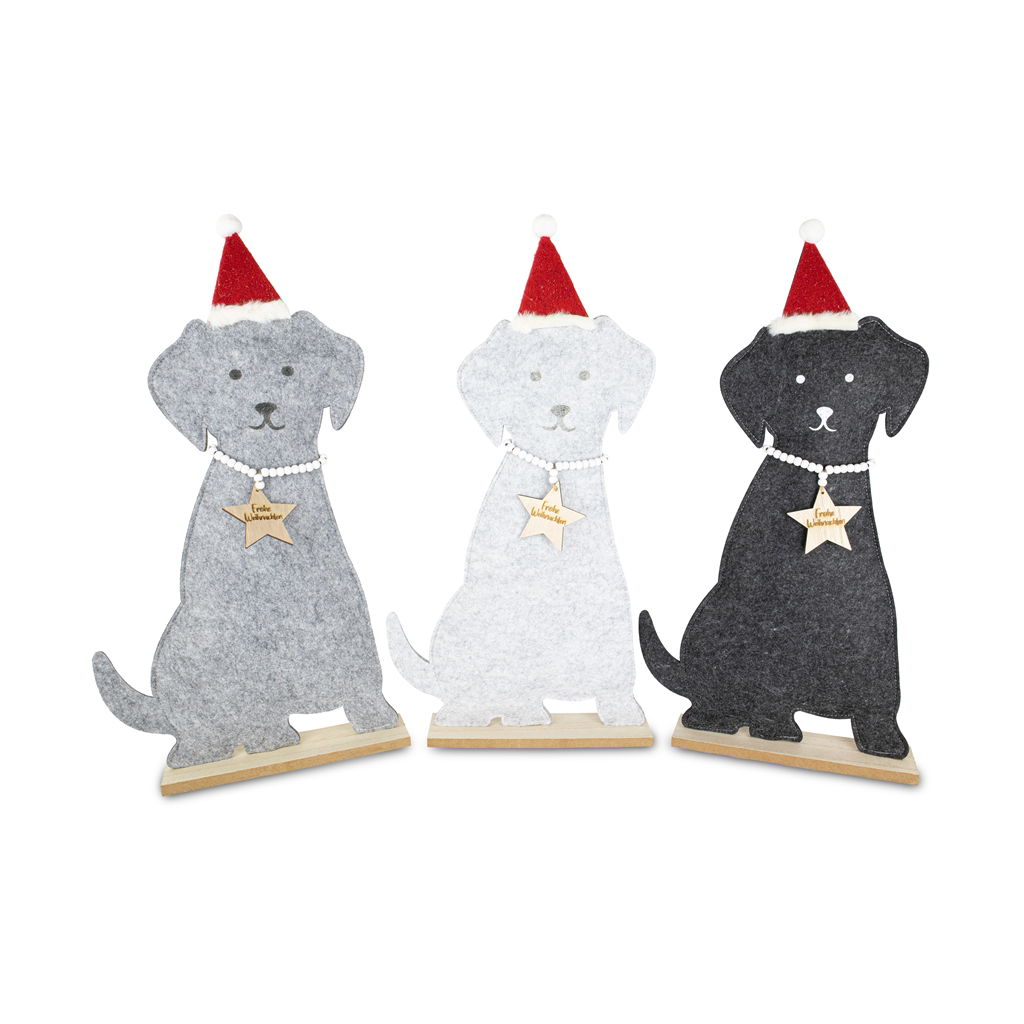 Dog with Christmas hat, 2 motifs assorted, felt, 30x6x51cm, 1 piece, dark gray, medium gray Draußen, Natur, Winter, Kleidung, Hut