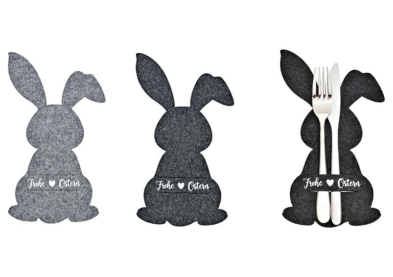 Cutlery holder Easter bunny with slogan, Frohe Ostern, made of felt Gray 2-fold, (H) 22cm