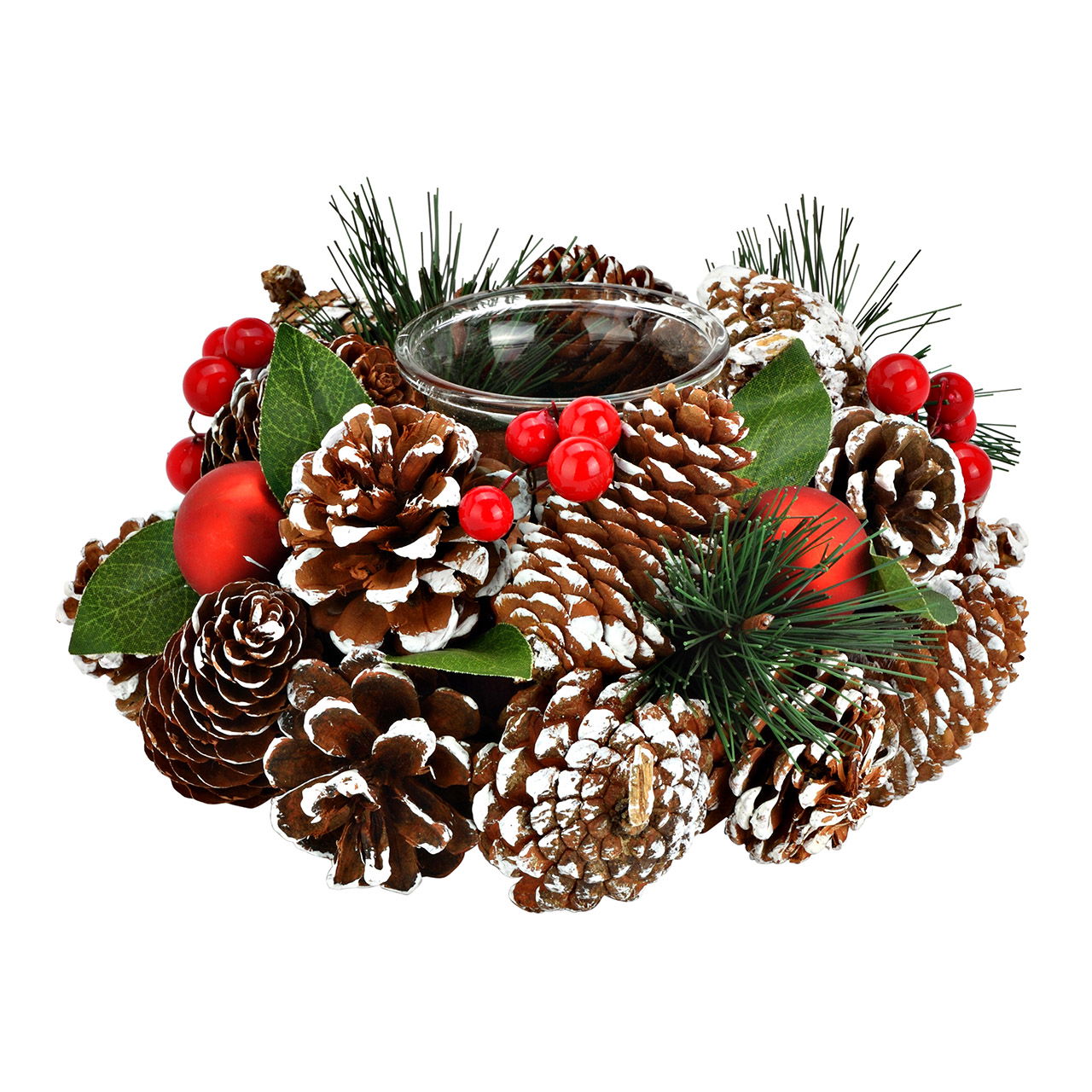 Portacandelitas Corona de Navidad de cristal, plástico y piñas Colorido (A/A/P) 19x9x19cm Portacandelitas Corona de Navidad de cristal, plástico y piñas Colorido (A/A/P) 19x9x19cm