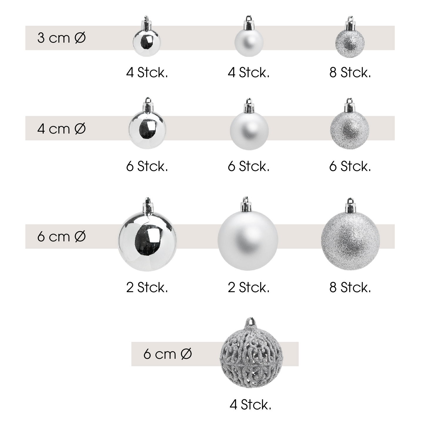Weihnachtskugeln aus Kunststoff, 50er-Set, Silber Ø3/4/6cm (B/H/T) 23x18x12cm Zubehor, Ohrring, Schmuck