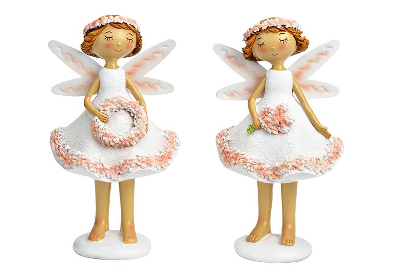 Fairy with flower decoration from poly white, pink 2-fold, (W/H/D) 10x18x8cm