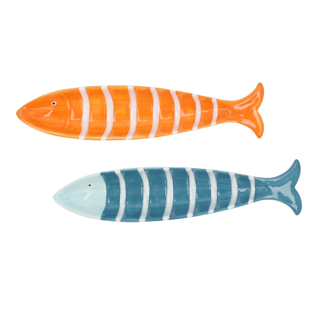 Plato decorativo de cerámica con forma de sardina, naranja y azul; surtido de 2 unidades (ancho/alto/profundidad) 33 x 3 x 7 cm Fischform, Pluesch?, Hu?
