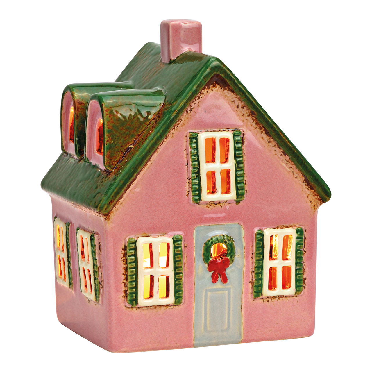 Maison lumineuse en faïence, rose/vert (L/H/P) 13x17x10cm Maison lumineuse en faïence, rose/vert (L/H/P) 13x17x10cm