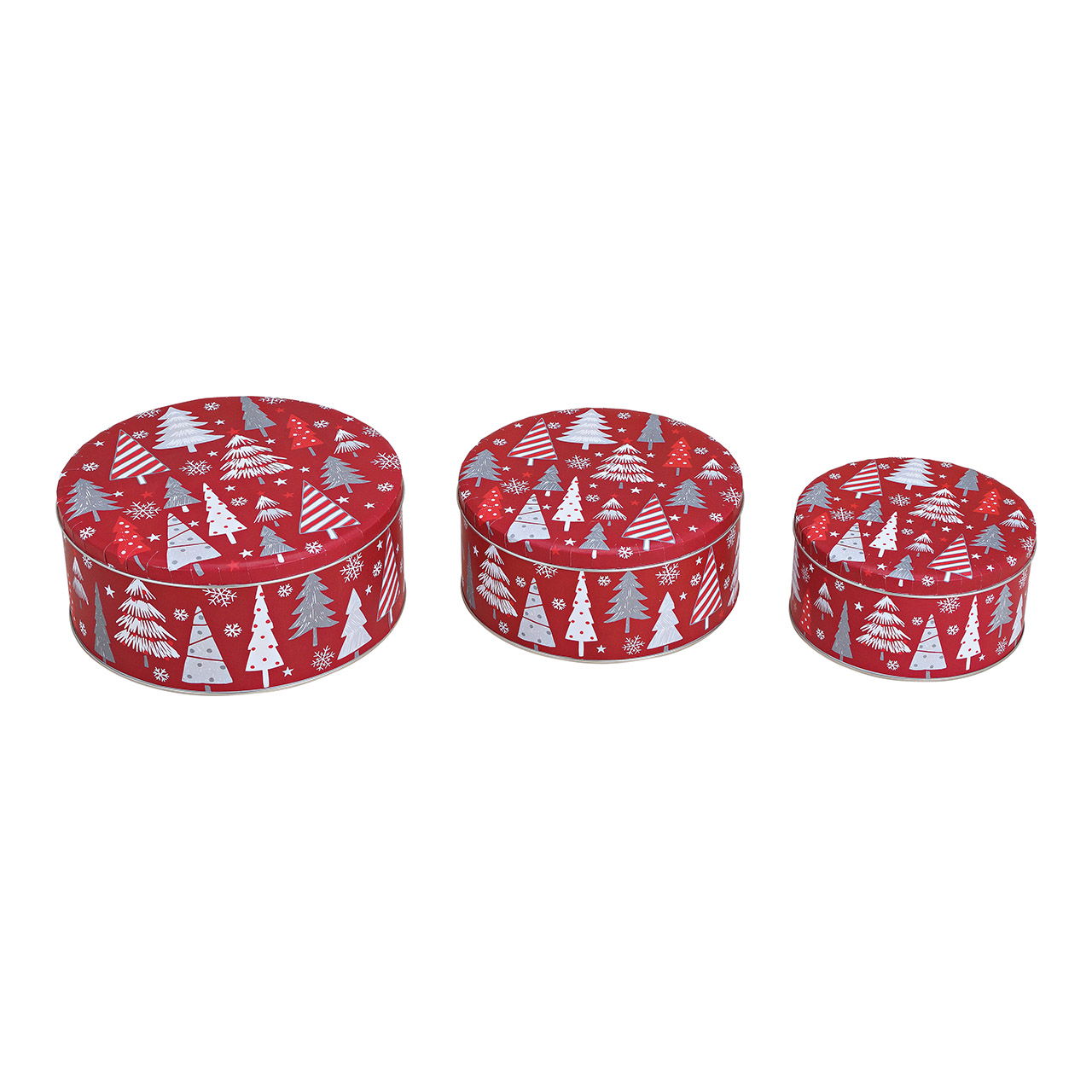 Set of 3 metal Christmas tree tins, (W/H/D) 19x8x19cm, 16x7.5x16cm, 13x7x13cm Set of 3 metal Christmas tree tins, (W/H/D) 19x8x19cm, 16x7.5x16cm, 13x7x13cm