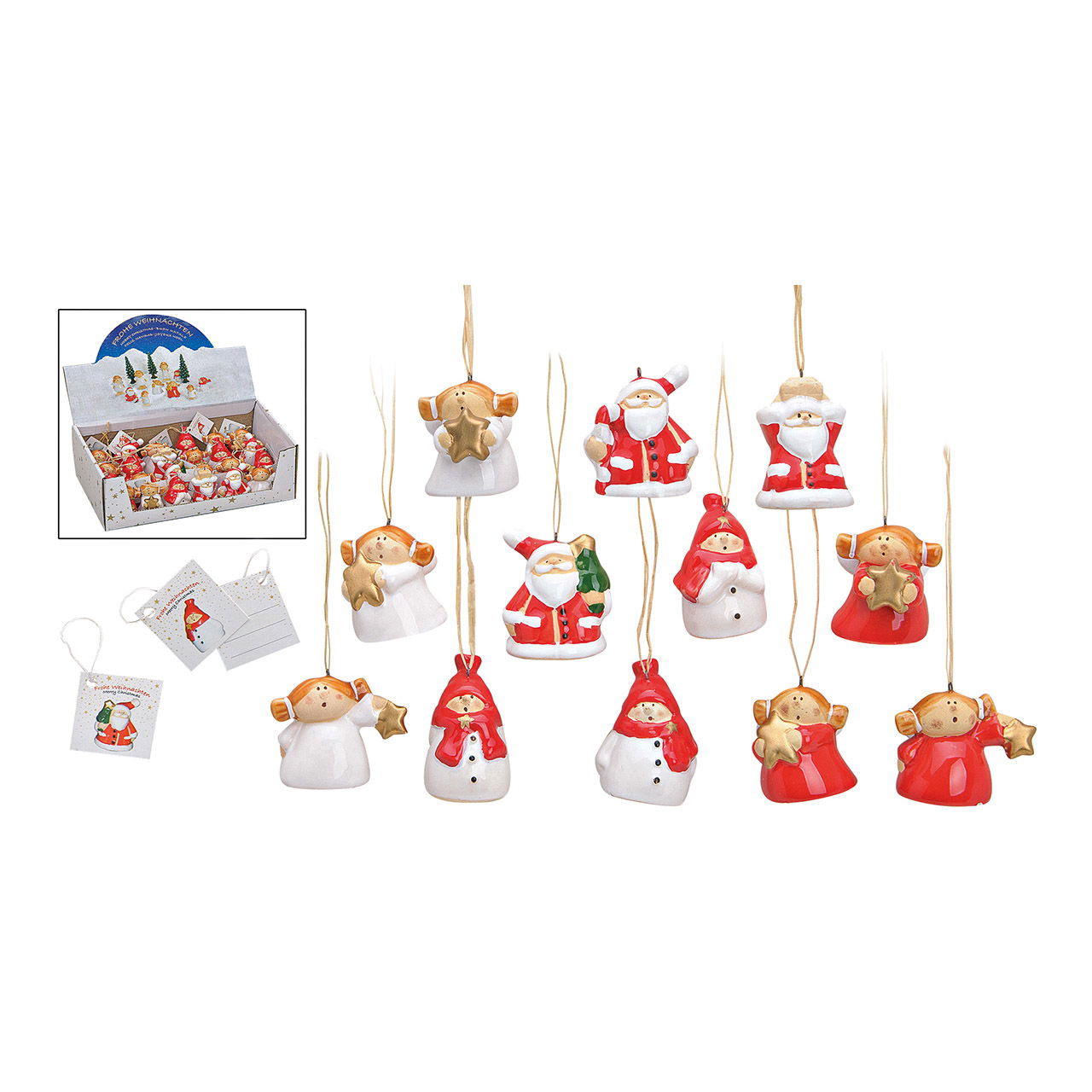 Mini Weihnachtsfiguren zum Hängen, aus Keramik, sortiert, 4 cm Mini Weihnachtsfiguren zum Hängen, aus Keramik, sortiert, 4 cm