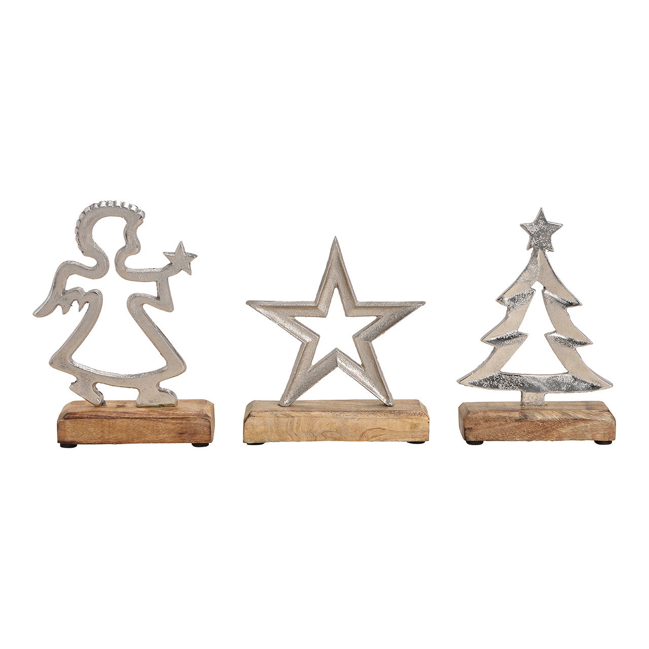 Stern, Baum, Engel aus Metall Mangoholz Silber 3-fach, (H) 20cm Stern, Baum, Engel aus Metall Mangoholz Silber 3-fach, (H) 20cm