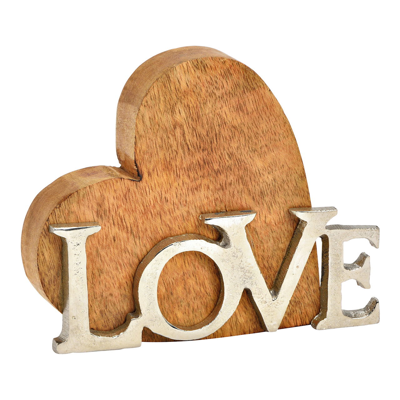 Staand hart, met metalen letters, LOVE, gemaakt van natuurlijk mangohout (B/H/D) 16x12x3cm