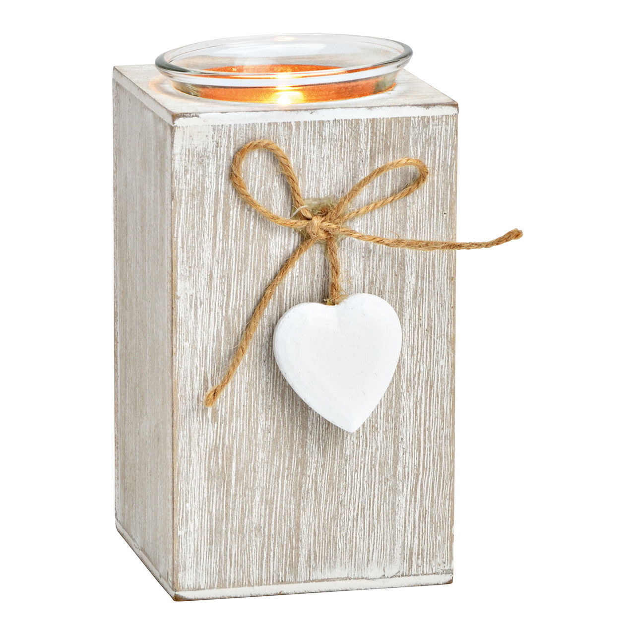 Porta tealight con ciondolo a cuore Legno, vetro Bianco (L/H/D) 7x13x7cm