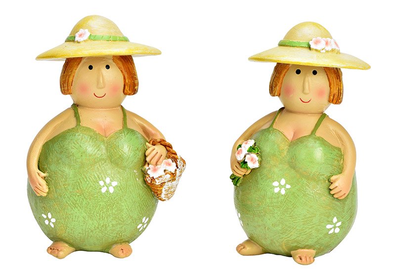 Femme avec chapeau de soleil en poly vert 2 fois, (L/H/P) 6x10x5cm