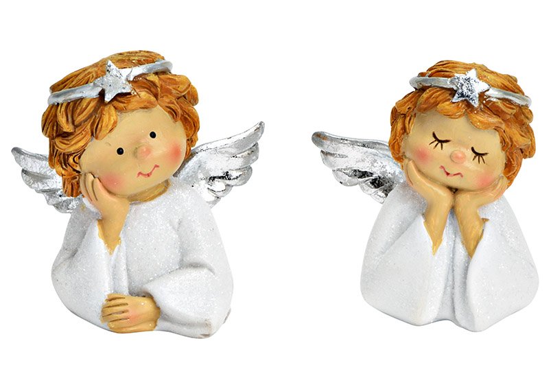 Angel head with glitter of poly white 2-fold, (W/H/D) 5x6x4cm