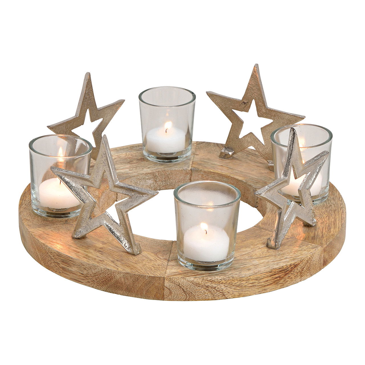 Adventskranz aus Metall/Glas/Mangoholz, Stern Dekor, Silber (B/H/T) 30x12x30cm Adventskranz aus Metall/Glas/Mangoholz, Stern Dekor, Silber (B/H/T) 30x12x30cm