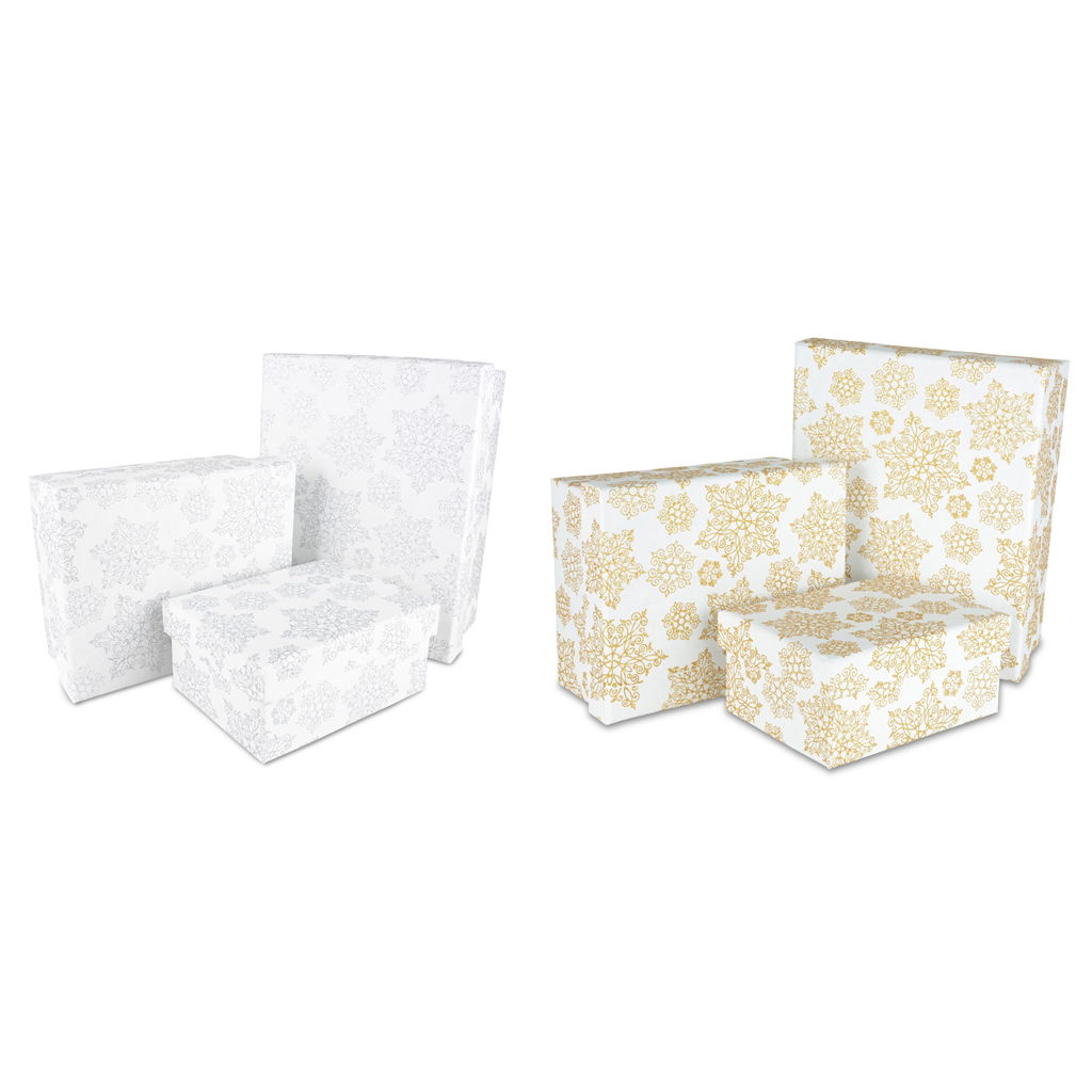 Geschenkbox-Set mit Flockendekor. 100% aus Baumwollrecycling. . 13.5x18x8/17.7x21.5x10/21x26x11 cm. 3 St./ Set. gold/silber sort.  EAN 13.5x18x8: 4004942091207 EAN 17.7x21.5x10: 4004942091214 Moebel
