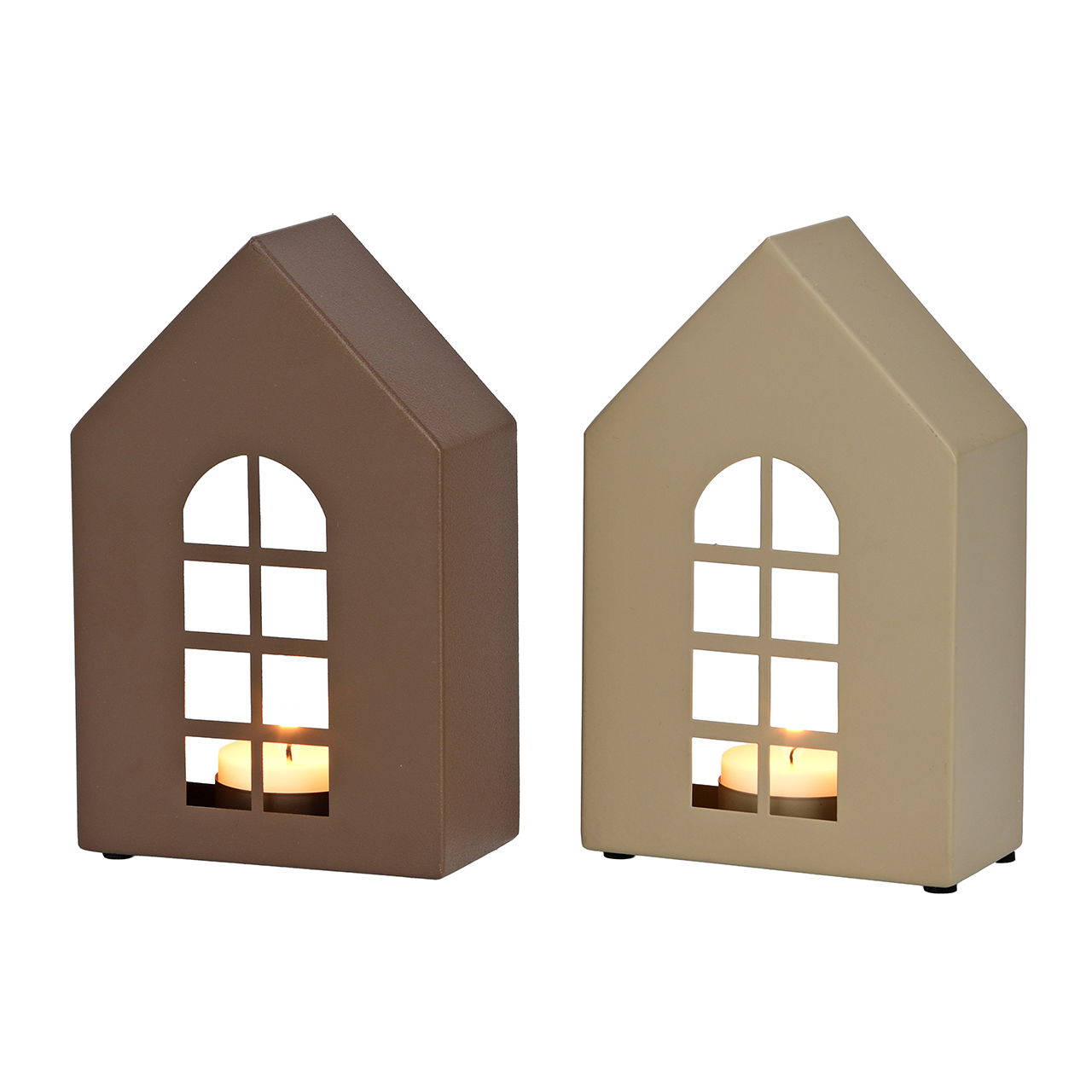 Teelichthalter Haus aus Metall Braun/Beige 2-fach sortiert (B/H/T) 10x16x5cm Hundehütte, Kerze
