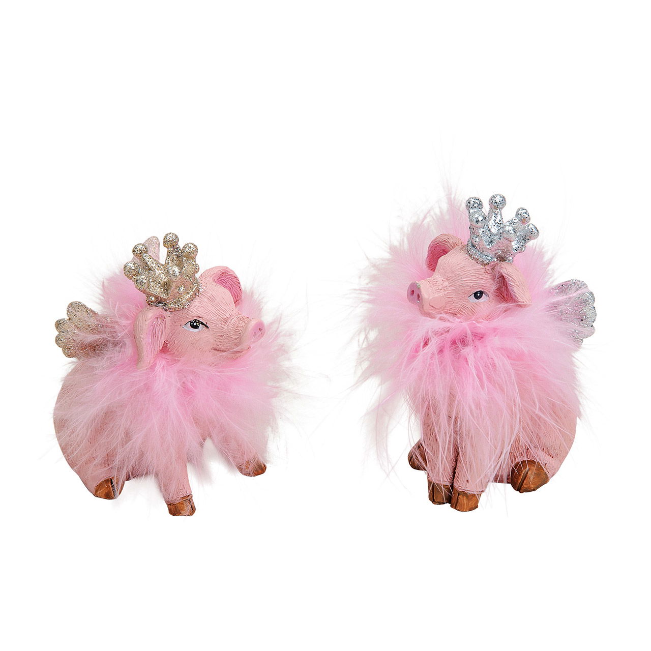 Schwein mit Krone, Flügeln und Federn aus Poly Pink/Rosa 2-fach, (B/H/T) 4x8x5cm Schwein mit Krone, Flügeln und Federn aus Poly Pink/Rosa 2-fach, (B/H/T) 4x8x5cm