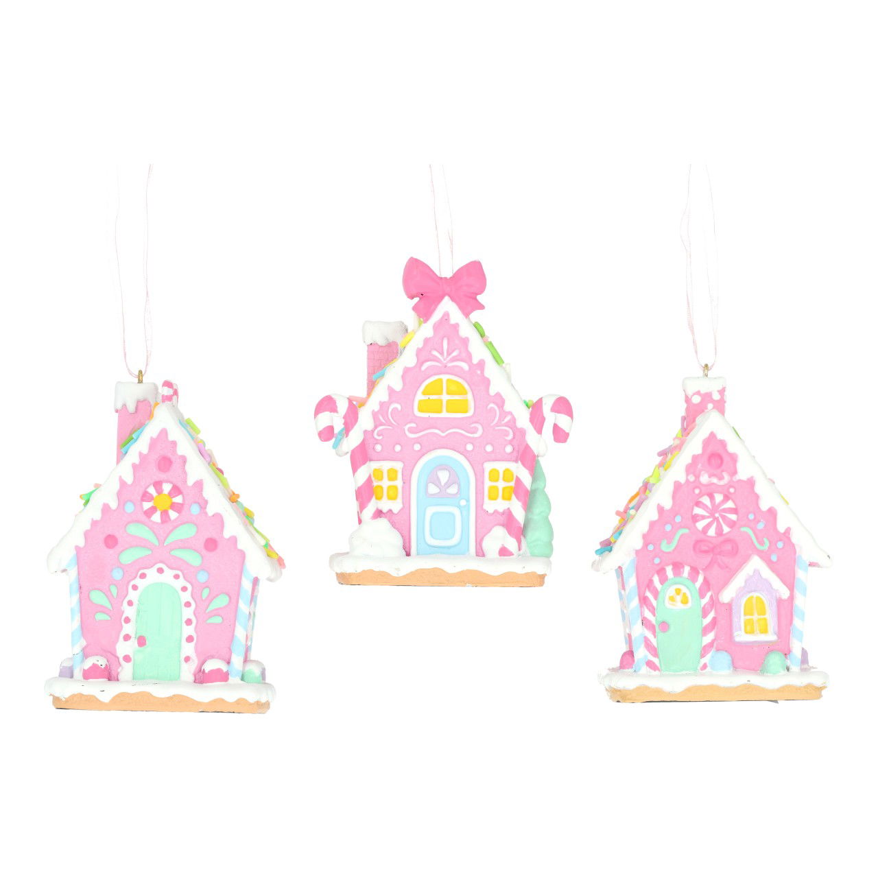 Casa de jengibre colgante de polietileno rosa/rosa 3 surtidos (A/A/A) 6x9x4,5cm Essen, Süßigkeiten, Plätzchen, Zuckerguss, Spielzeug