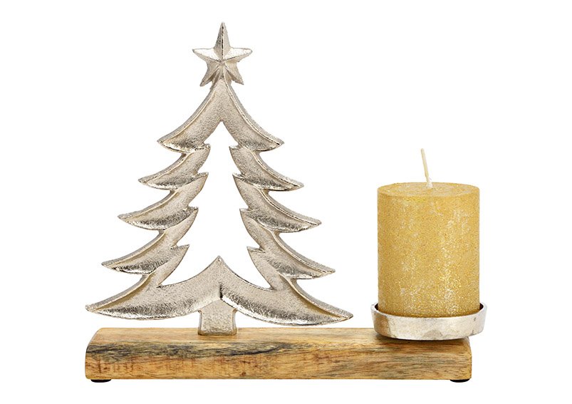Candle holder Christmas tree, on mango wood base, made of metal silver (W/H/D) 27x24x5cm